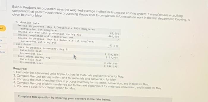  Builder Products, incorporated, uses the weighted average method in its process