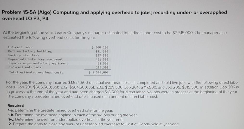 Problem 15-4A (Algo) Computing and applying overhead to jobs; recording under- or