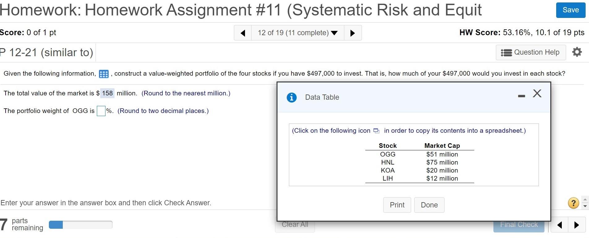  Homework: Homework Assignment #11 (Systematic Risk and Equit Save Score: 0