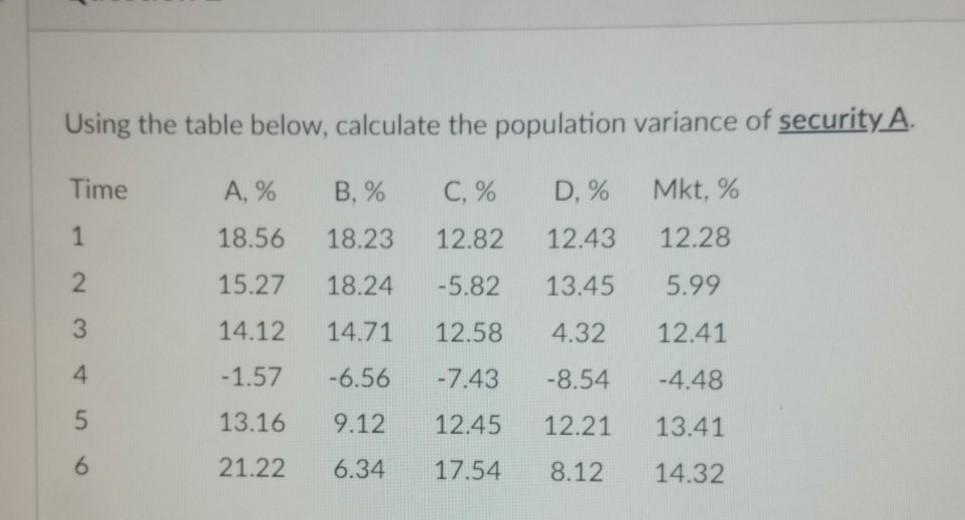  Using the table below, calculate the population variance of security A.