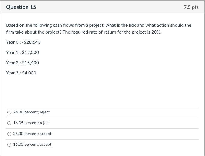 Question 15 7.5 pts Based on the following cash flows from