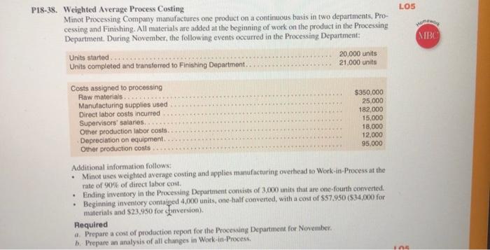  LOS P18-38. Weighted Average Process Costing Minot Processing Company manufactures one