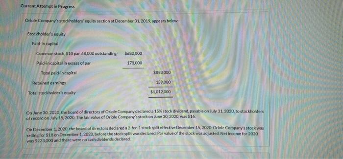  Current Attempt in Progress Oriole Company's stockholders' equity section at December
