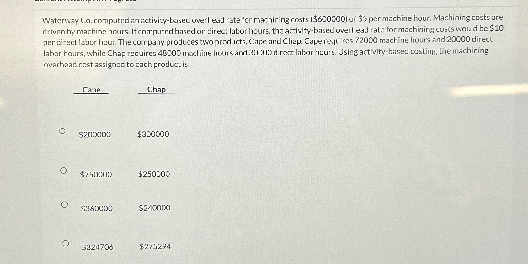  Waterway Co. computed an activity-based overhead rate for machining costs ($600000)