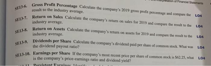 Exercises 13-1 through 13-10 2019 (Thousands of Dollars, except Earnings per Share)