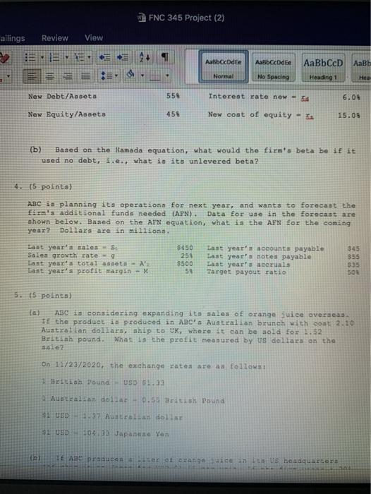  FNC 345 Project (2) View ailings Review E. AaBbccdfe AalbCode AaBbCcD