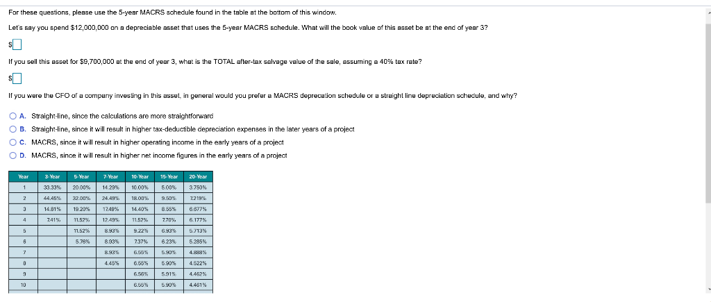 For these questions, please use the 5-year MACRS schedule found in