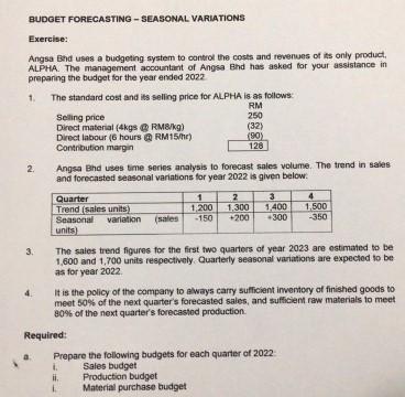  BUDGET FORECASTING - SEASONAL VARIATIONS Exercise: Angsa Bhd uses a budgeting