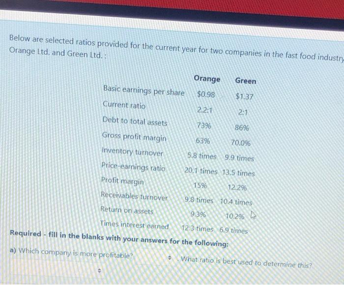 Below are selected ratios provided for the current year for two