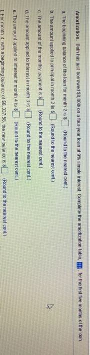  Amortization. Beth has just borrowed $8,800 on a four-year loan at