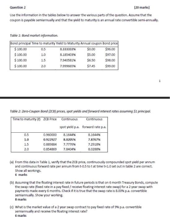  Question 2 [20 marks) Use the information in the tables below