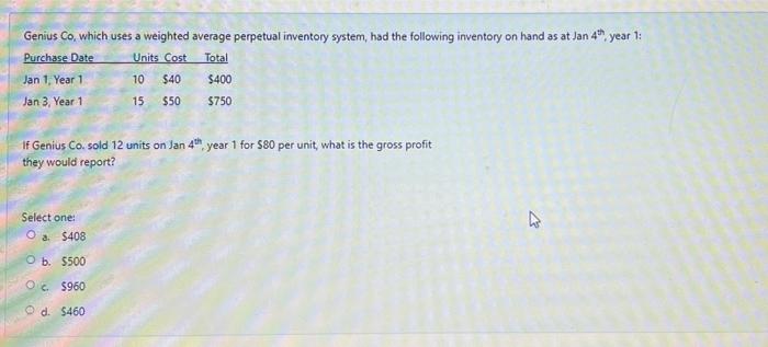  Genius Co, which uses a weighted average perpetual inventory system, had