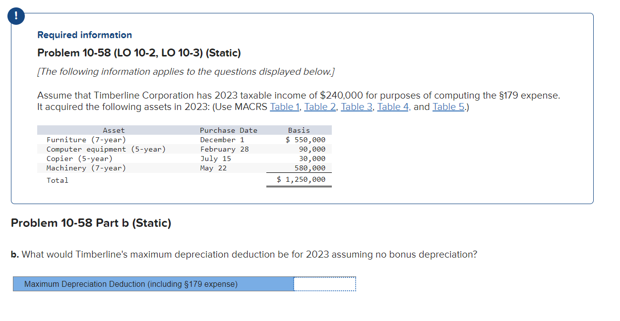  Problem 10-58 (LO 10-2, LO 10-3) (Static) [The following information applies