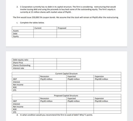 Complete the tables and answer the question 2. C Corporation currently has