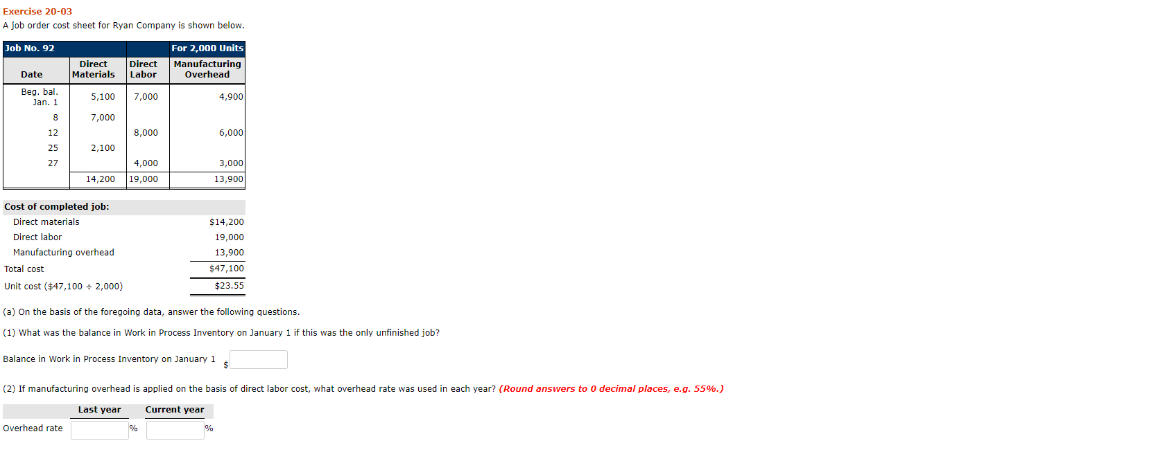  Exercise 20-03 A job order cost sheet for Ryan Company is