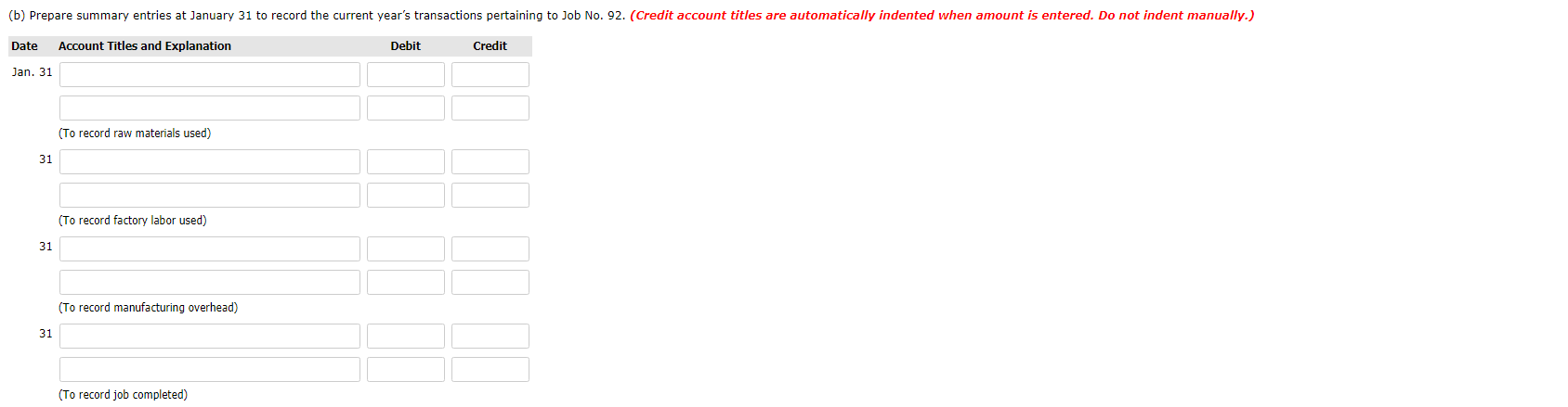 shown below. Job No. 92 Direct Materials Direct Labor For 2,000 Units