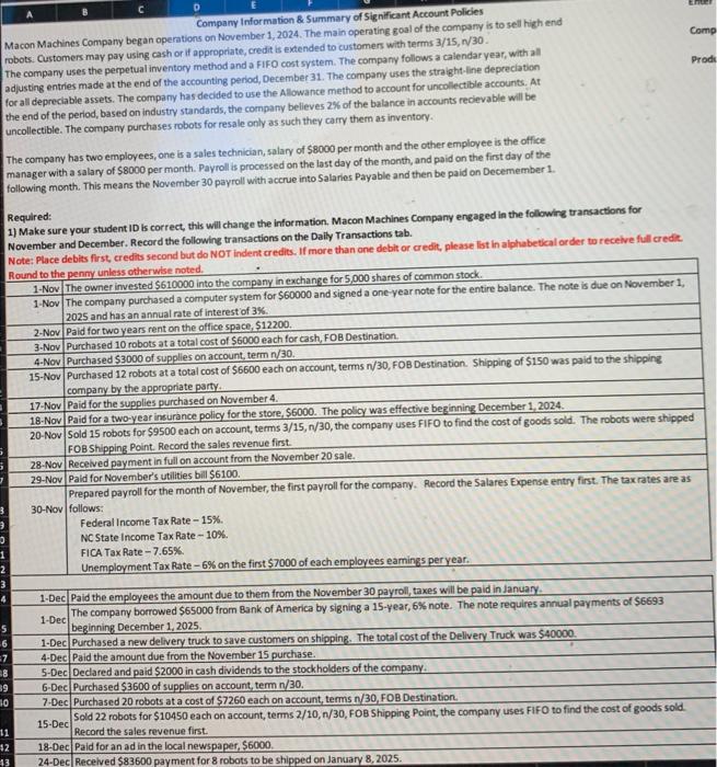  A B C E D Enuer Company Information \& Summary of