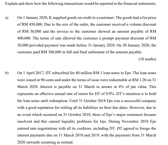 Explain and show how the following transactions would be reported in