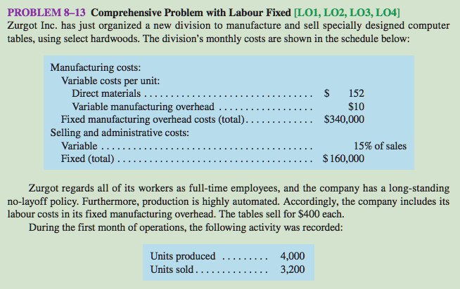  PROBLEM 8-13 Comprehensive Problem with Labour Fixed [LO1, LO2, LO3, L04]