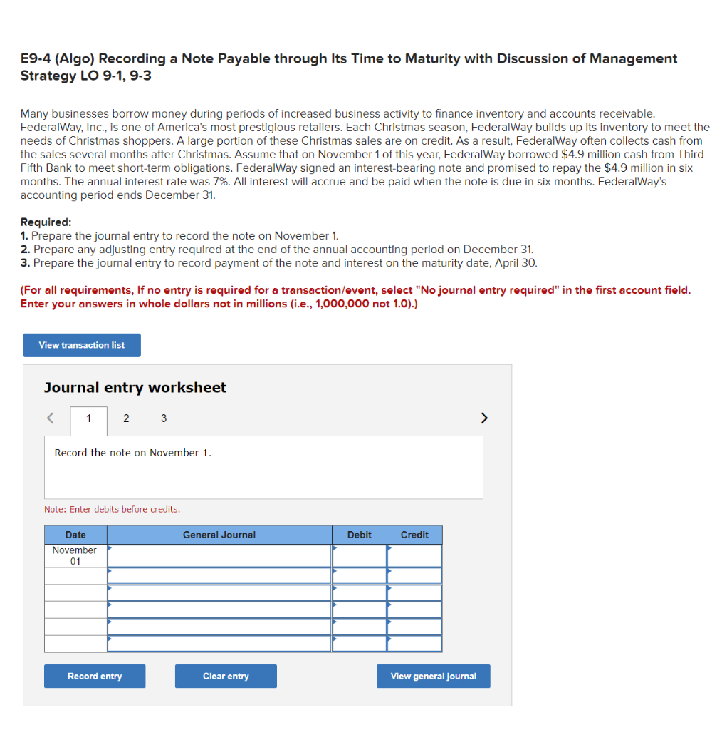  E9-4 (Algo) Recording a Note Payable through Its Time to Maturity