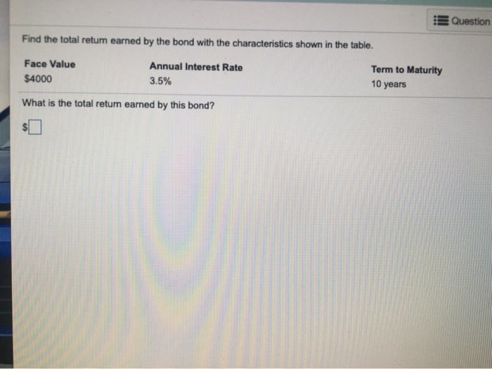  Question Find the total return earned by the bond with the