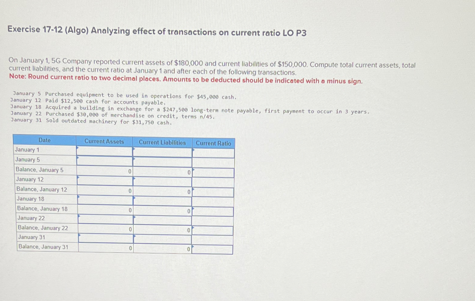  Exercise 17-12(Algo) Analyzing effect of transactions on current ratio LO P3