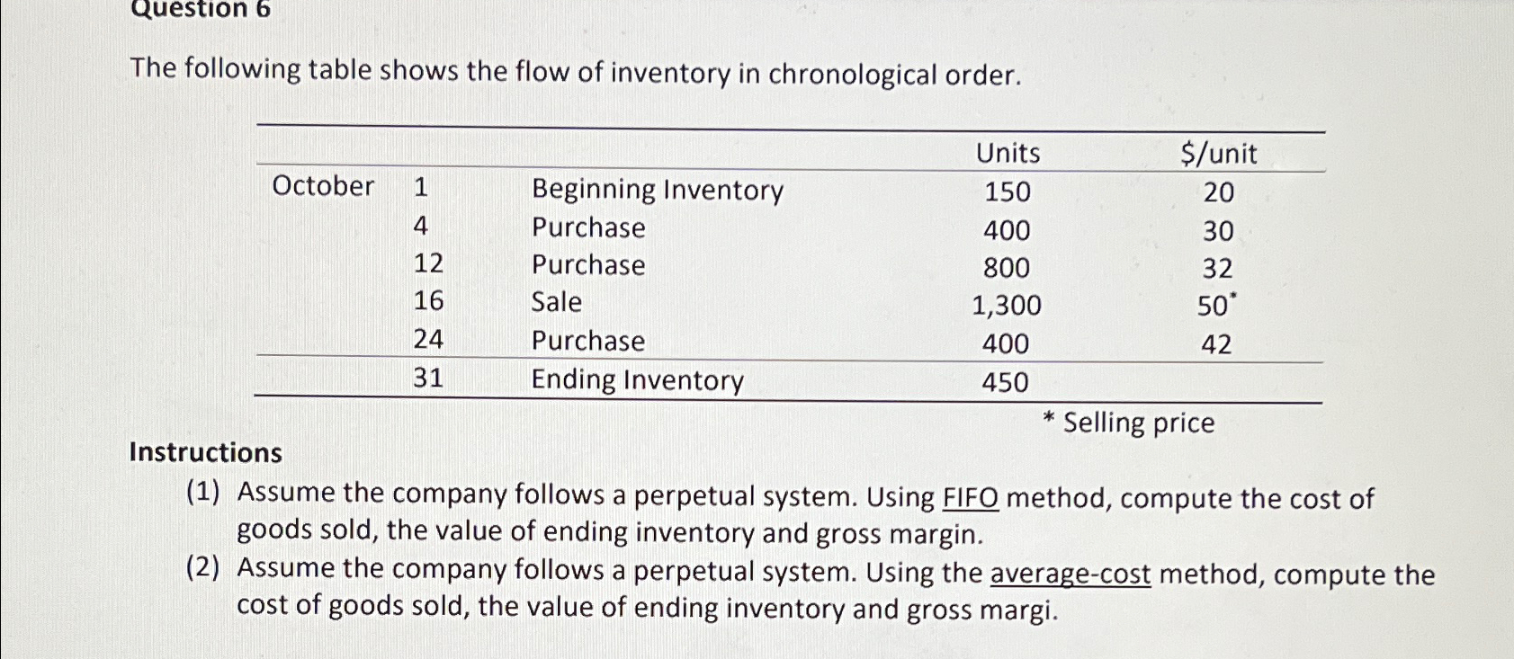question 6 The following table shows the flow of inventory in chronological