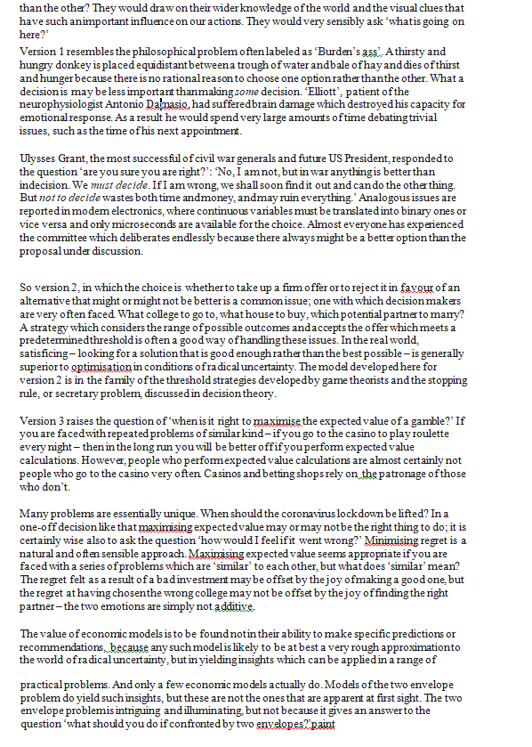 Hypothesis and Behavioral Finance two envelopes represent investment opportunities: What should the