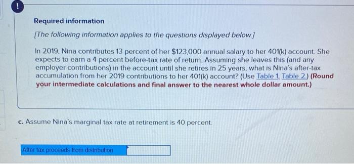 percent of her $123.000 annual salary to her 401(k) account. She expects