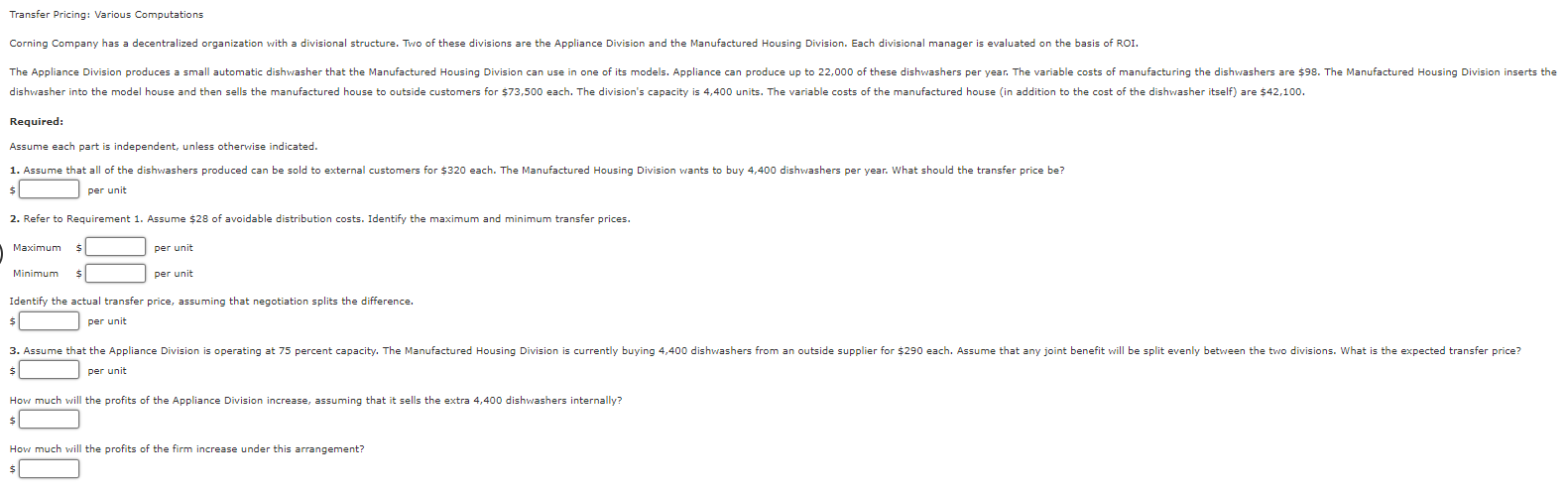  Transfer Pricing: Various Computations Corning Company has a decentralized organization with