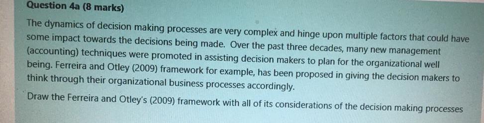 Please reply asap subject : Management Accounting Question 4a (8 marks) The