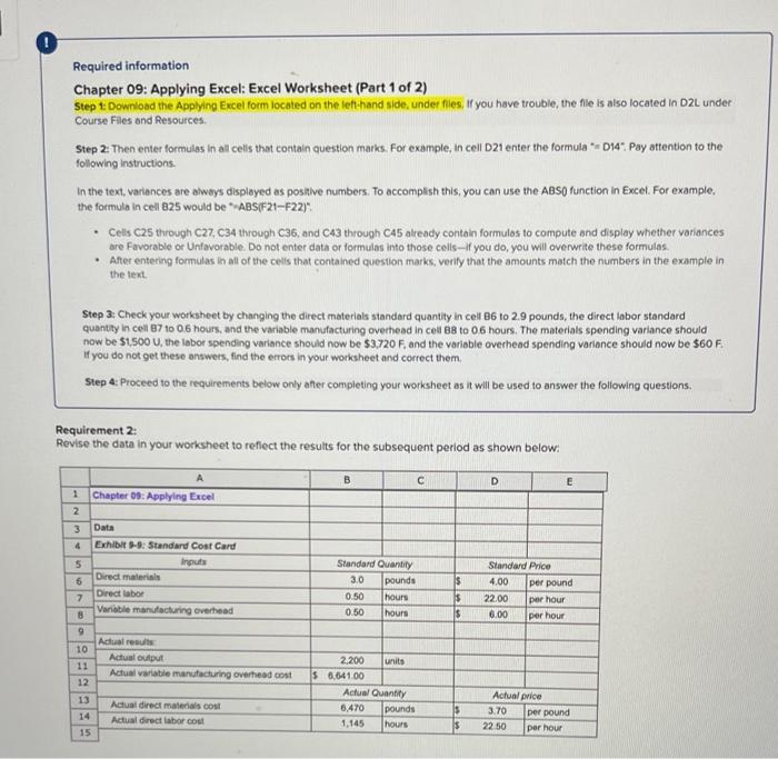  ! Required information Chapter 09: Applying Excel: Excel Worksheet (Part 1