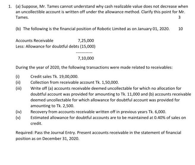  1. (a) Suppose, Mr. Tames cannot understand why cash realizable value