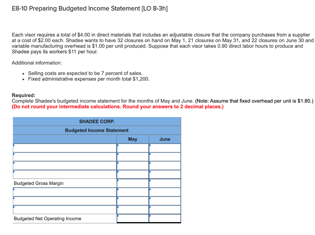 information E8-5 Calculating Sales and Production Budgets [LO 8-3a, b] Required: 1.