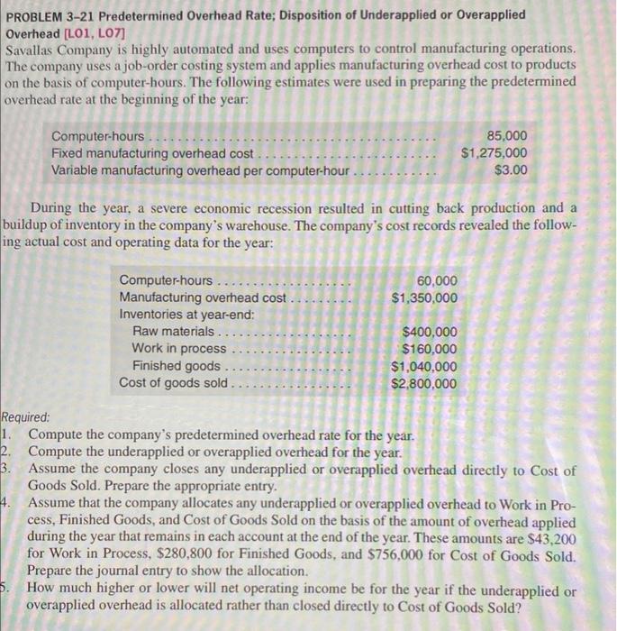  PROBLEM 3-21 Predetermined Overhead Rate; Disposition of Underapplied or Overapplied Overhead