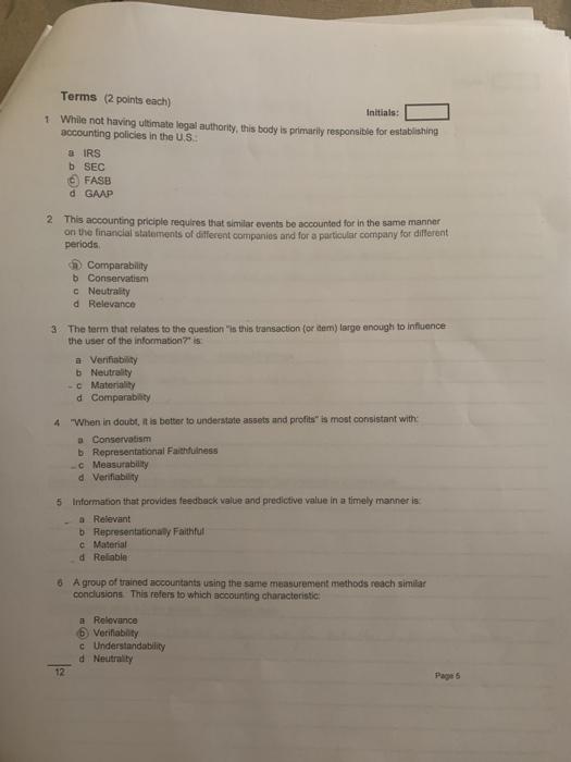  Terms (2 points each) Initials: 1 While not having ultimate legal