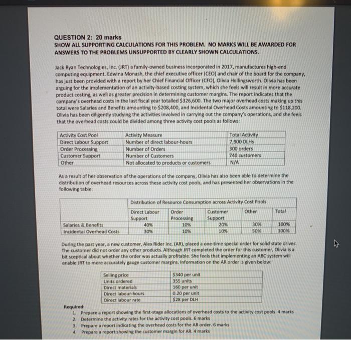  QUESTION 2: 20 marks SHOW ALL SUPPORTING CALCULATIONS FOR THIS PROBLEM.