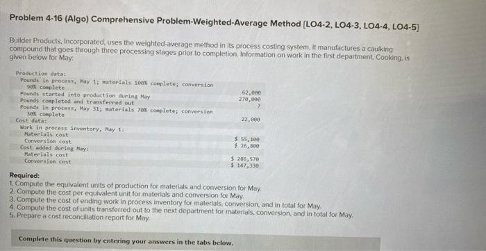  Problem 4-16 (Algo) Comprehensive Problem-Weighted-Average Method (LO4-2, LO4-3, LO4-4, L04-5) Builder