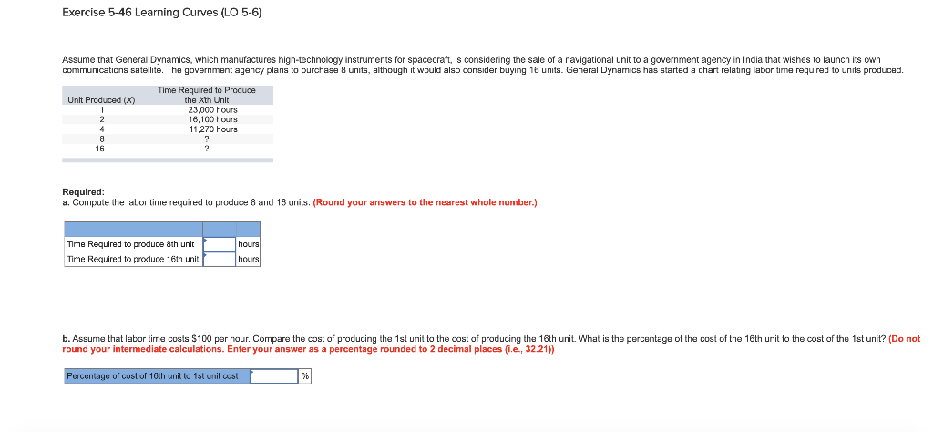  Exercise 5-46 Learning Curves (LO 5-6) Assume that General Dynamics, which
