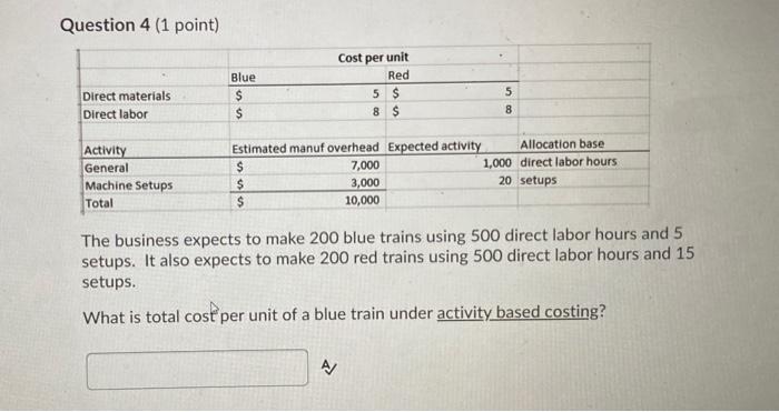  Question 4 (1 point) Cost per unit Red 5 $ 8