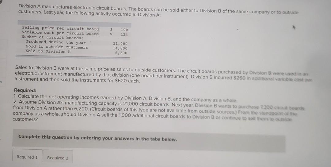 please help, second attempt Division A manufactures electronic circuit boards. The