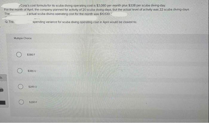  Corp.'s cost formula for its scuba diving operating cost is $3.080