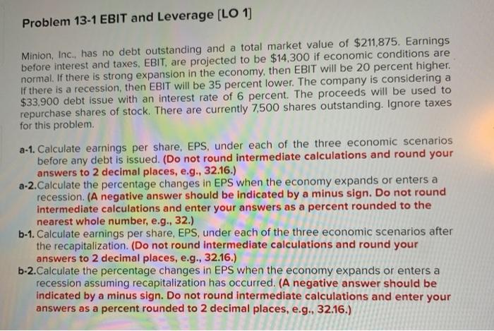  Problem 13-1 EBIT and Leverage [LO 1) Minion, Inc., has no
