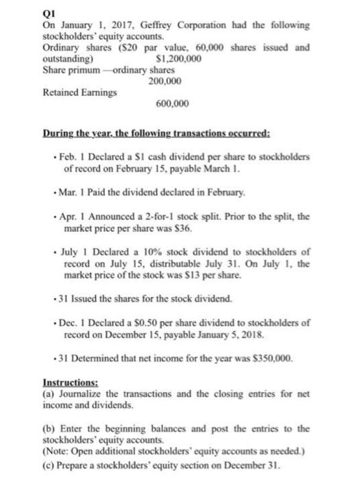 hand writing. Thank you QI On January 1, 2017, Geffrey Corporation had