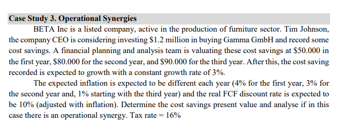  Case Study 3. Operational Synergies BETA Inc is a listed company,
