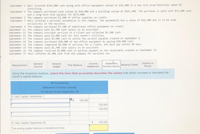 financial statements. September 1 Hall invested $102,000 cash along with office equipment