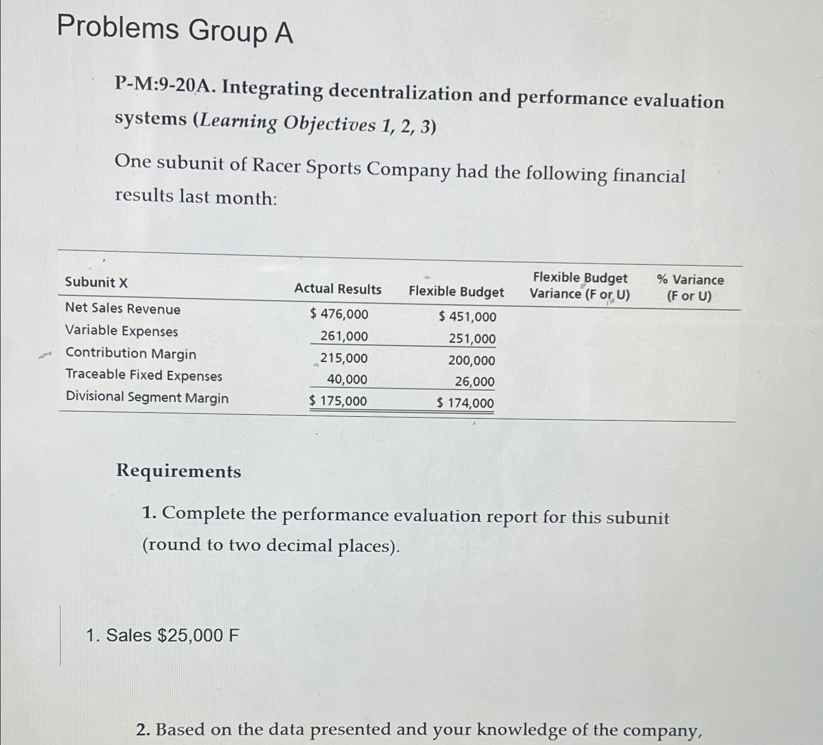  Problems Group A P-M:9-20A. Integrating decentralization and performance evaluation systems (Learning