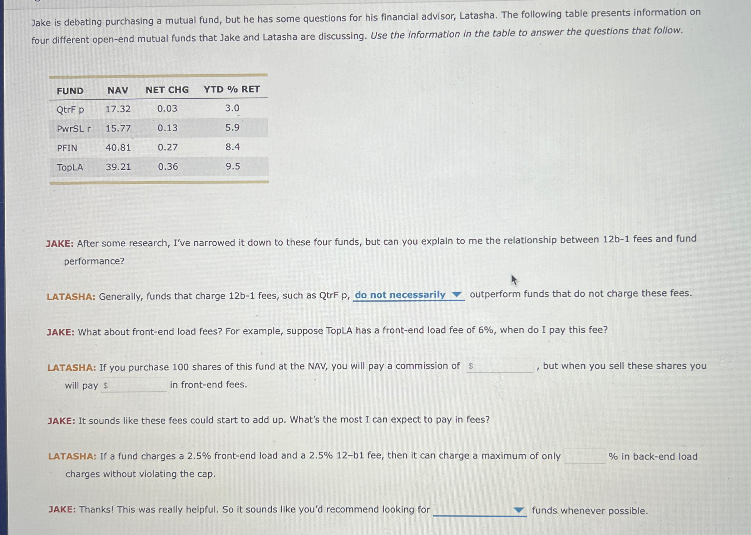  Jake is debating purchasing a mutual fund, but he has some