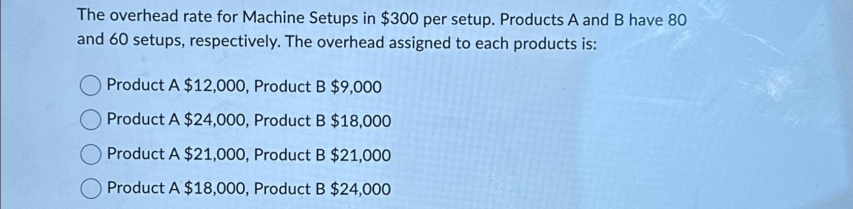 The overhead rate for Machine Setups in $300 per setup. Products