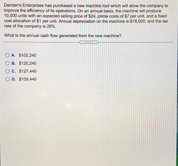  Damien's Enterprises has purchased a new machine tool which will allow